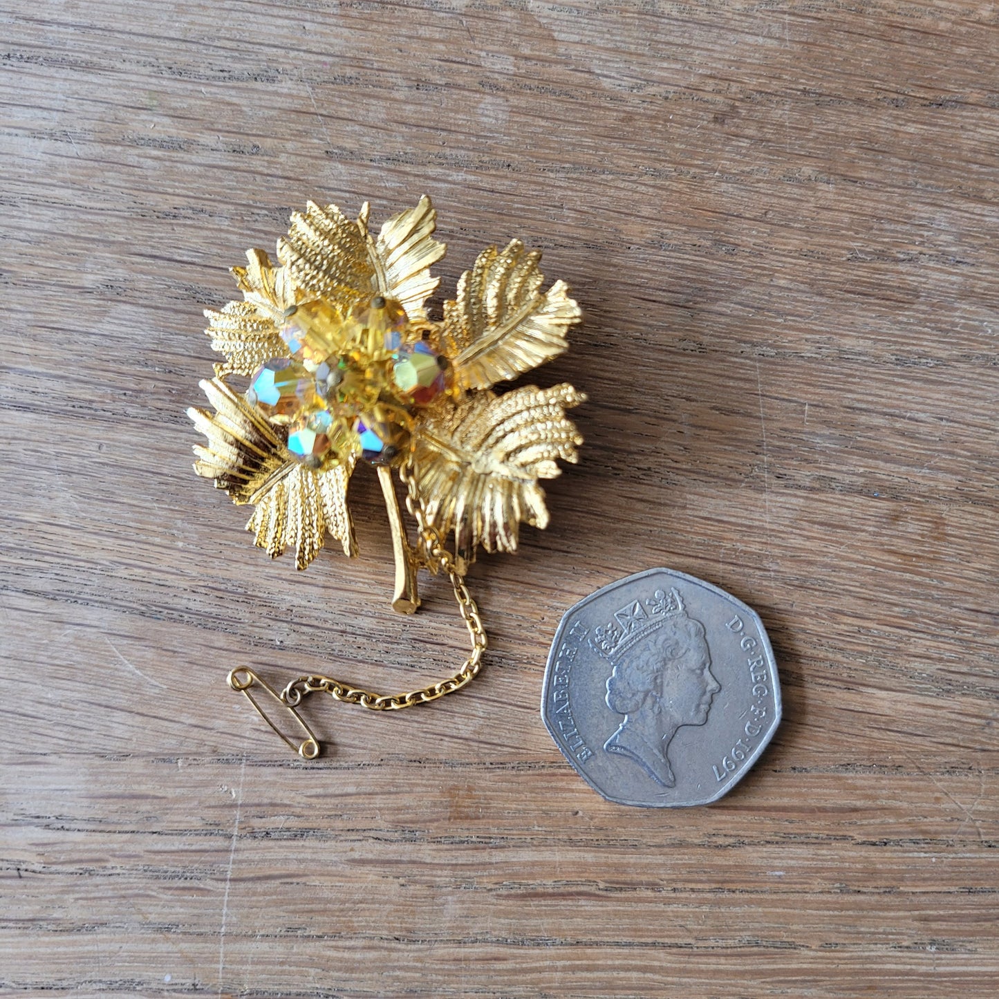 1960s gold-tone leaf spray brooch with amber AB crystal beads & safety chain