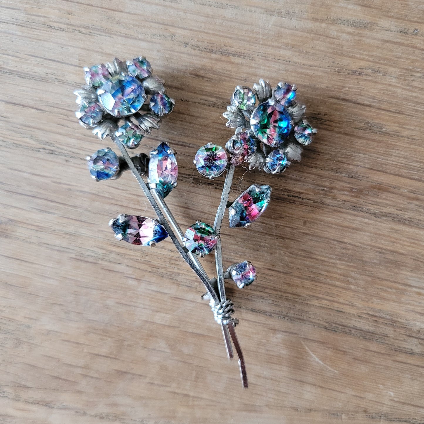 1950s rainbow rivoli rhinestone floral spray brooch