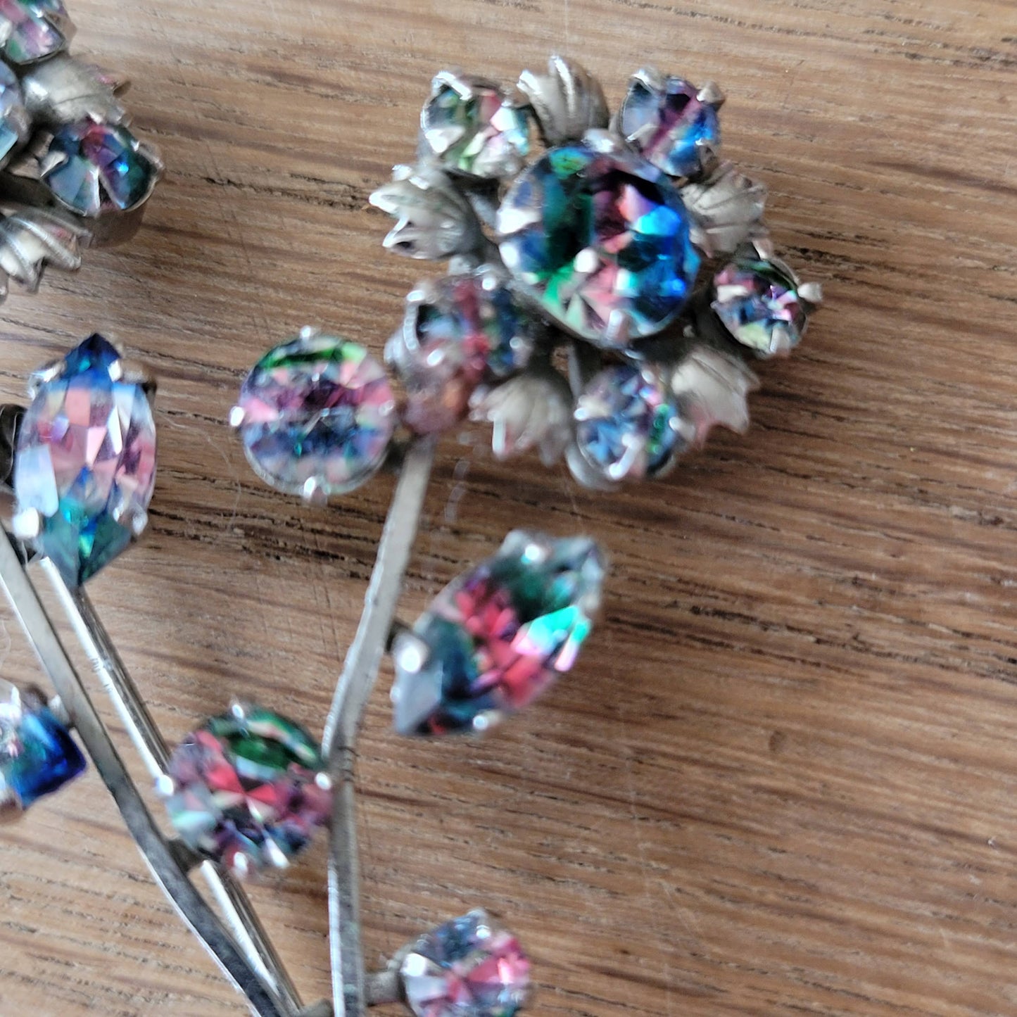 1950s rainbow rivoli rhinestone floral spray brooch