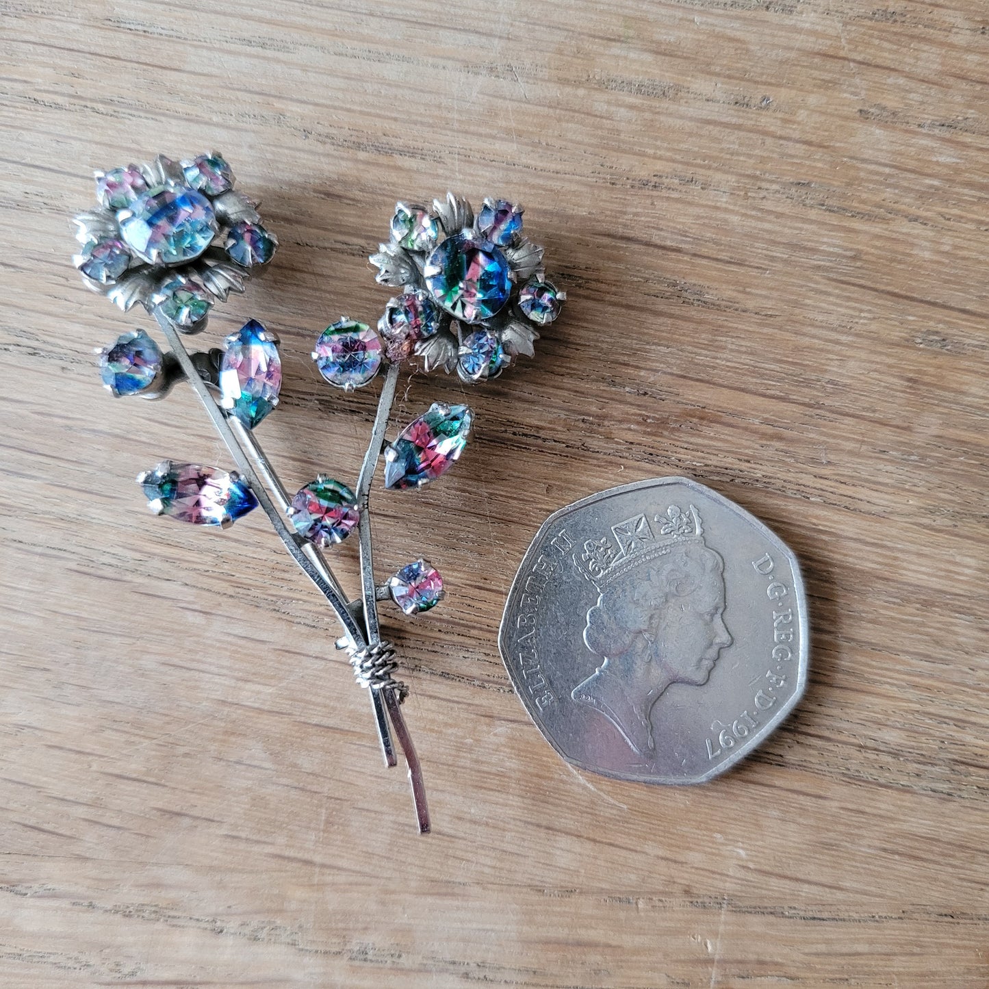 1950s rainbow rivoli rhinestone floral spray brooch