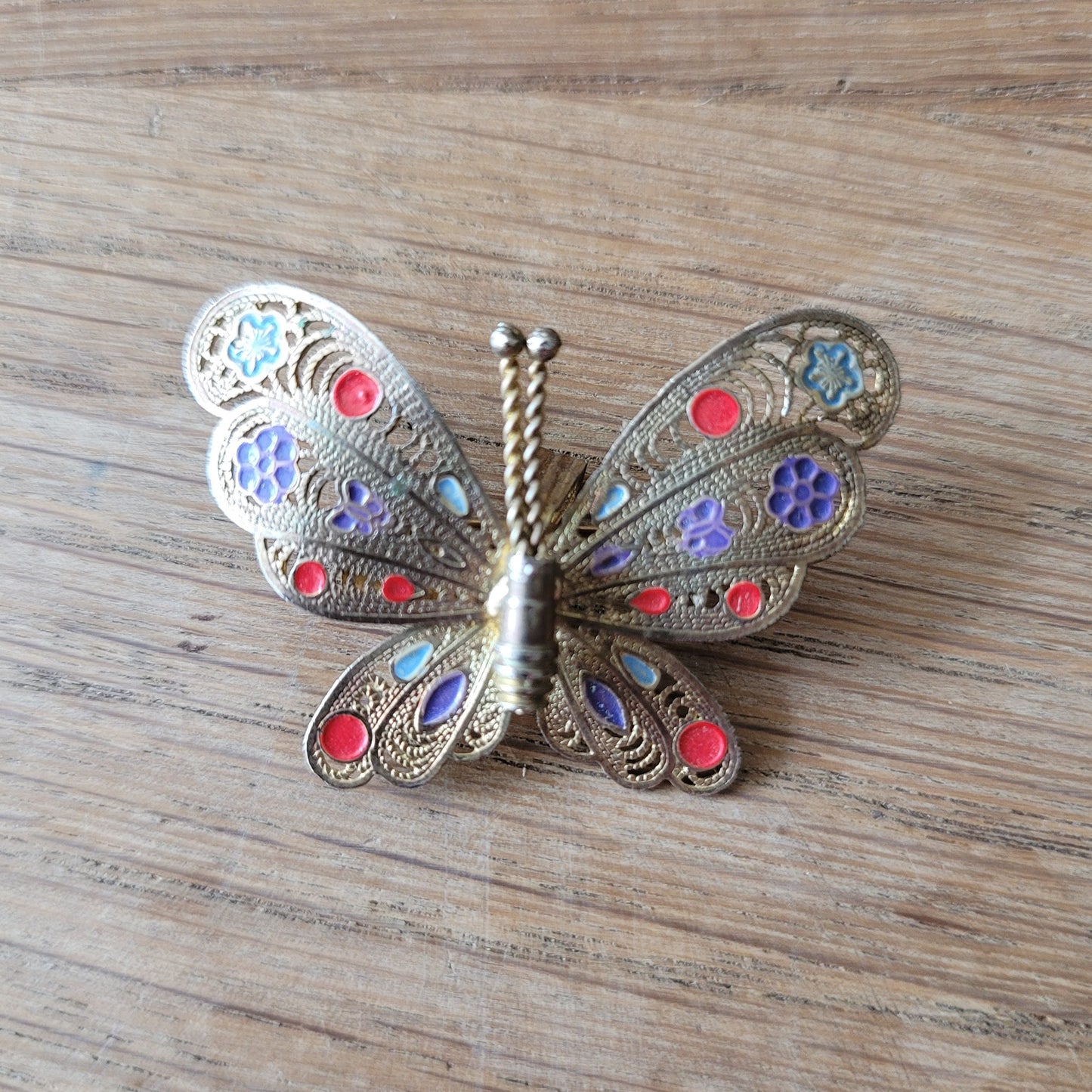 1960s gilt filigree enamel butterfly brooch pendant