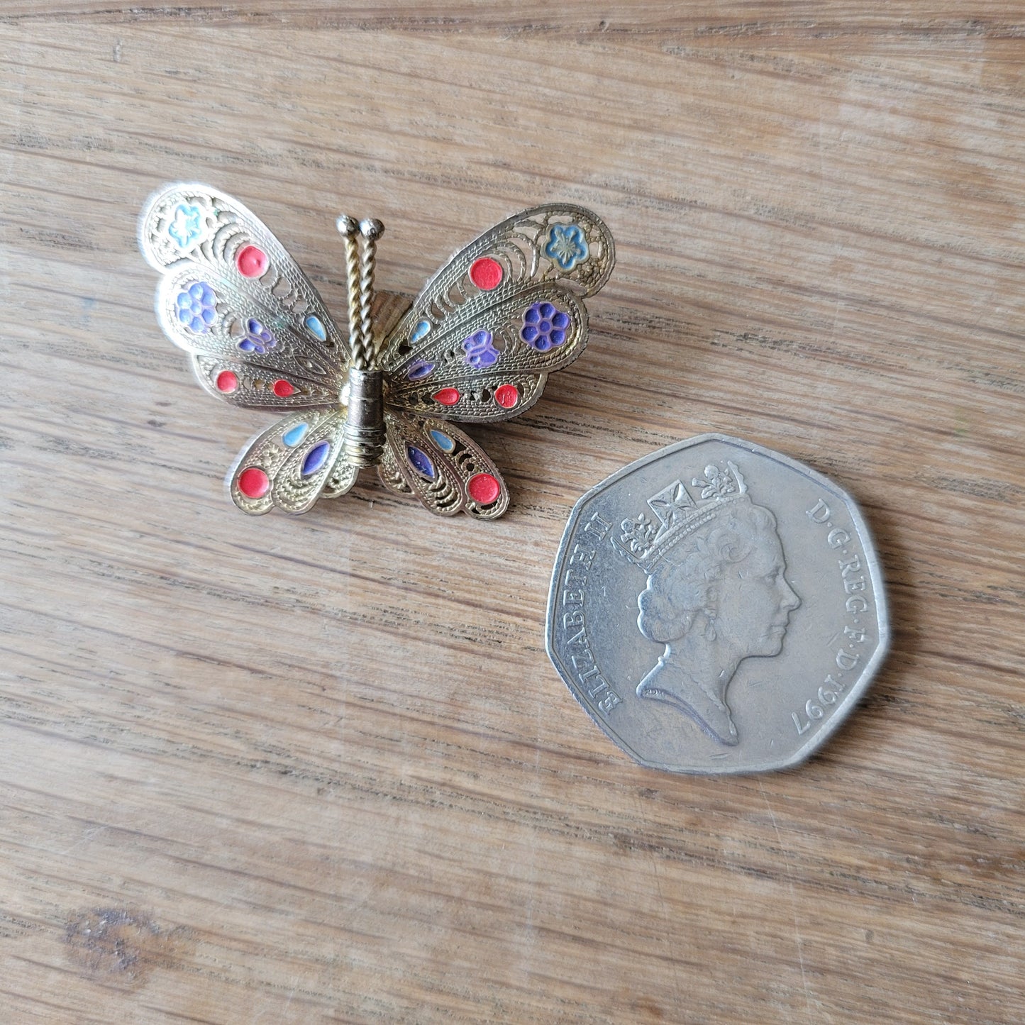 1960s gilt filigree enamel butterfly brooch pendant