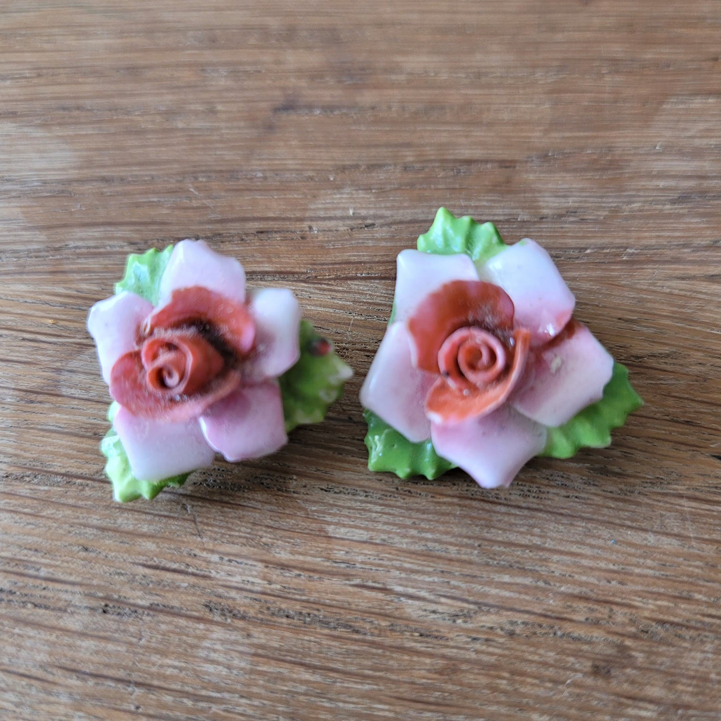 1950s hand-painted ceramic rose clip-on earrings
