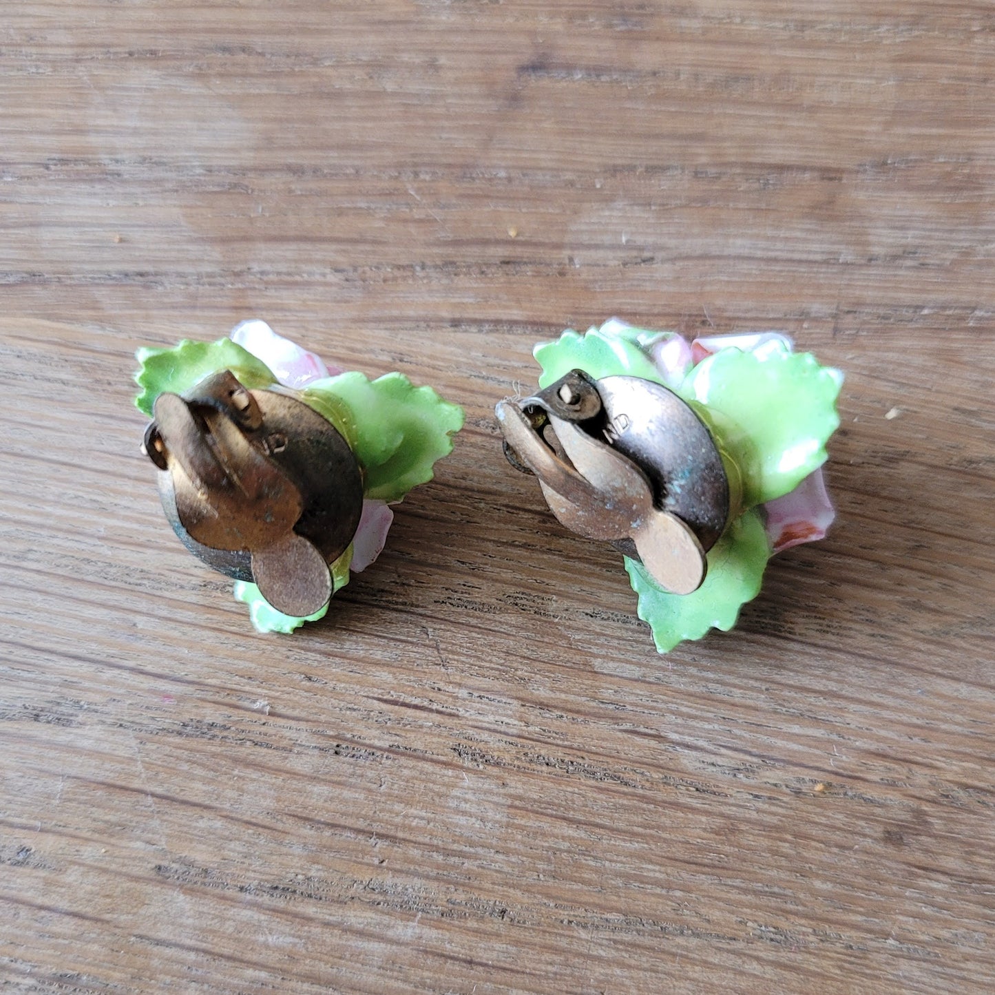 1950s hand-painted ceramic rose clip-on earrings