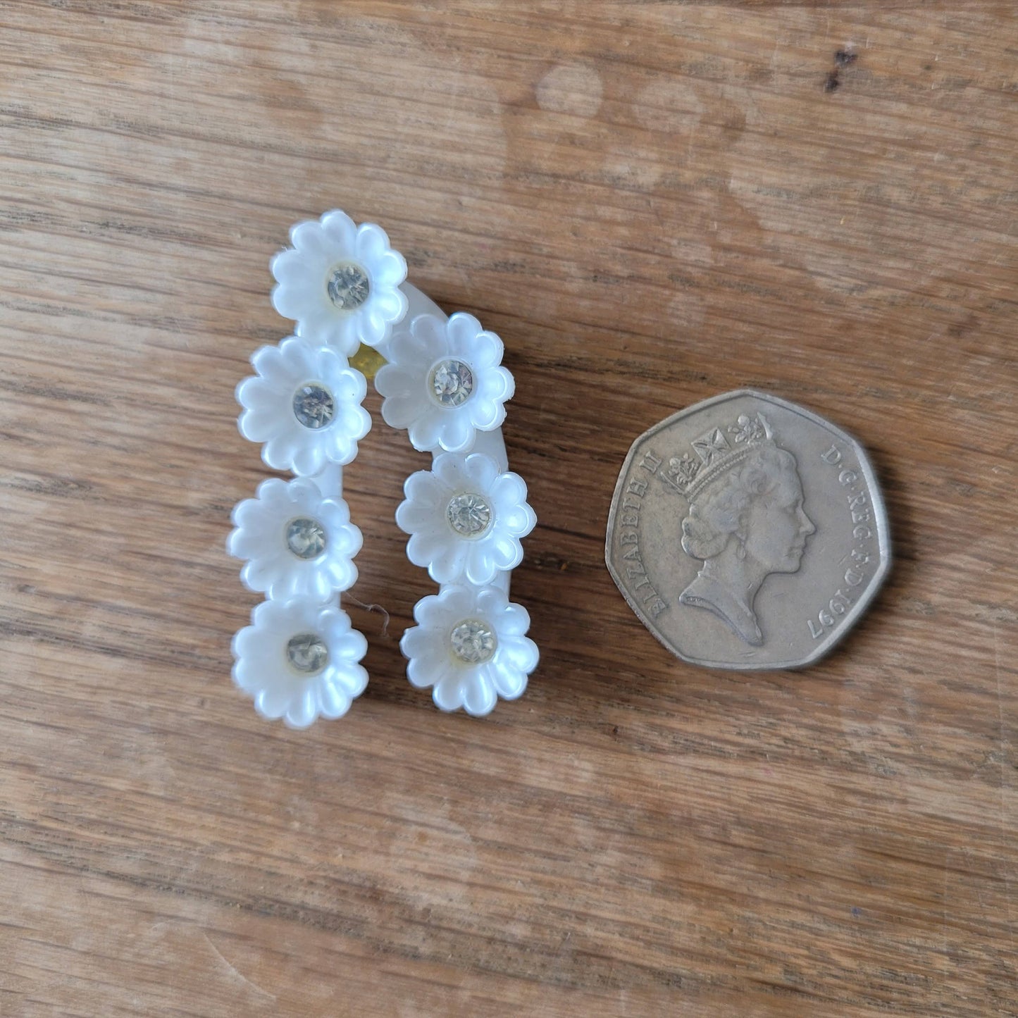 1960s white plastic daisy cluster rhinestone clip-on earrings