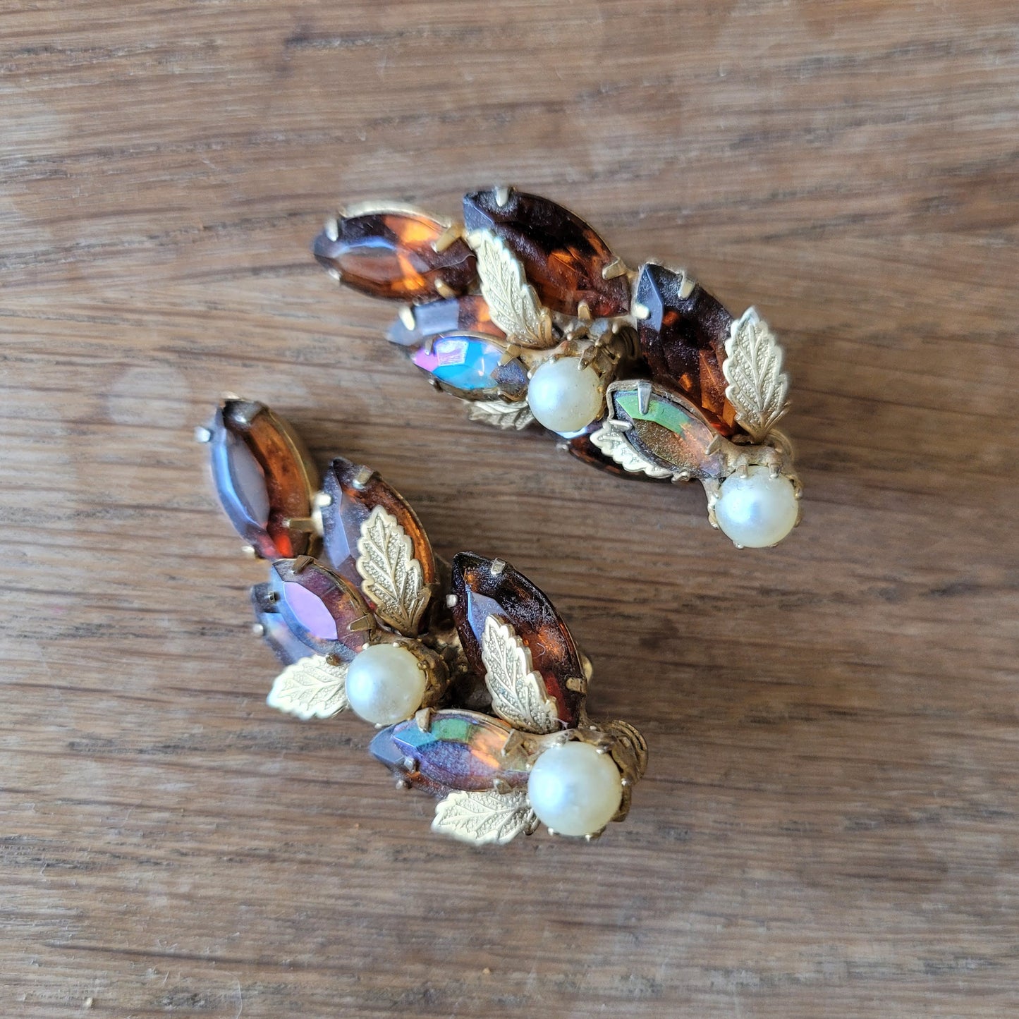 1950s amber glass & Aurora Borealis rhinestone leaf clip-on earrings