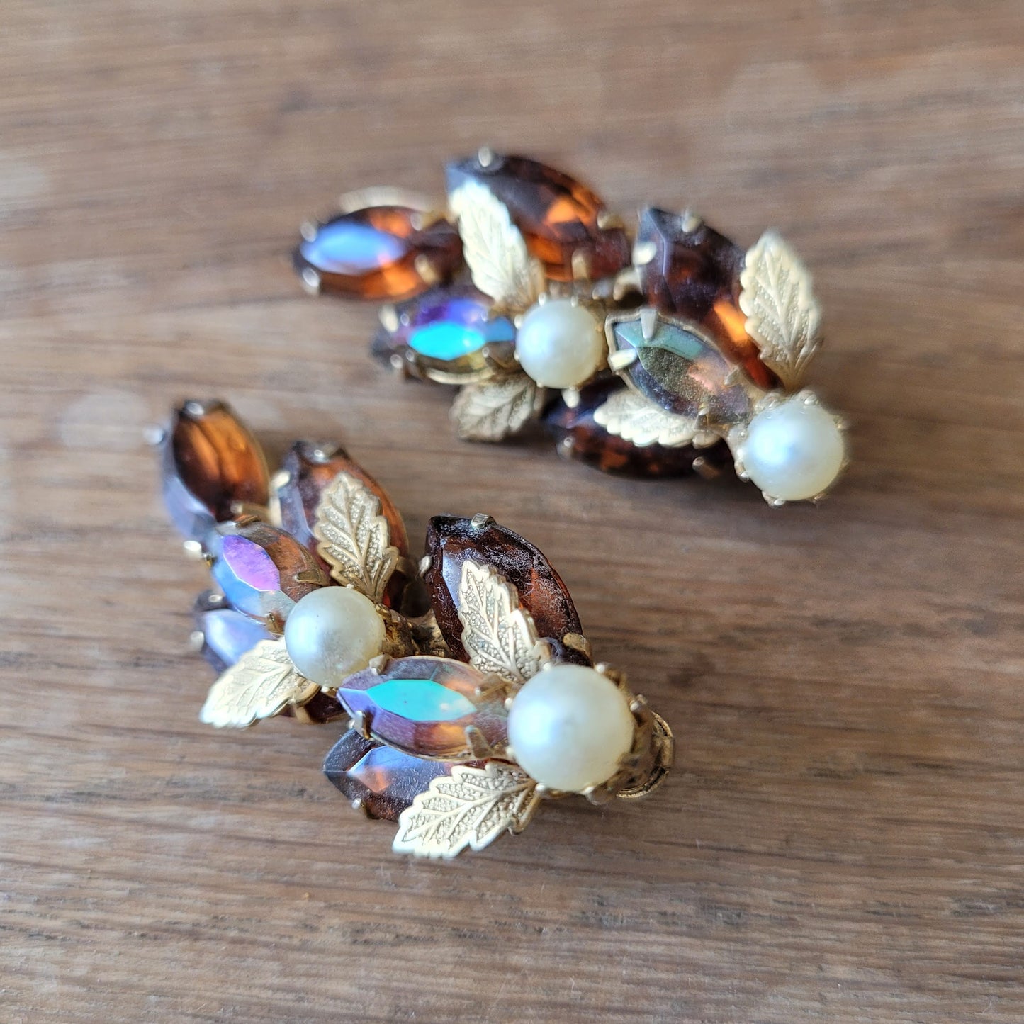 1950s amber glass & Aurora Borealis rhinestone leaf clip-on earrings