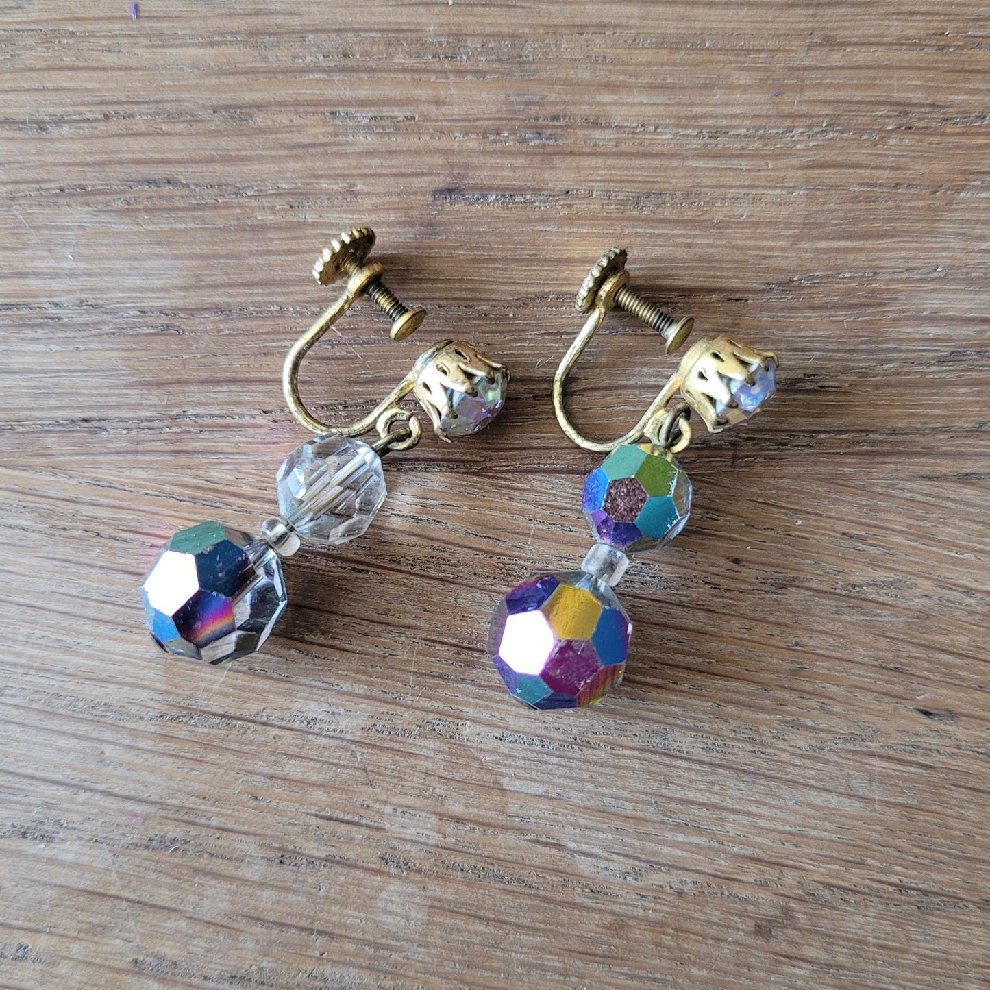1950s Aurora Borealis crystal drop screw-back earrings