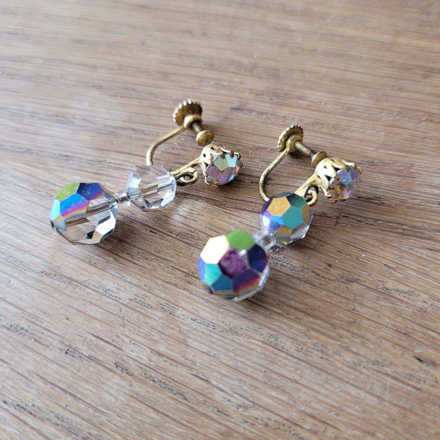 1950s Aurora Borealis crystal drop screw-back earrings
