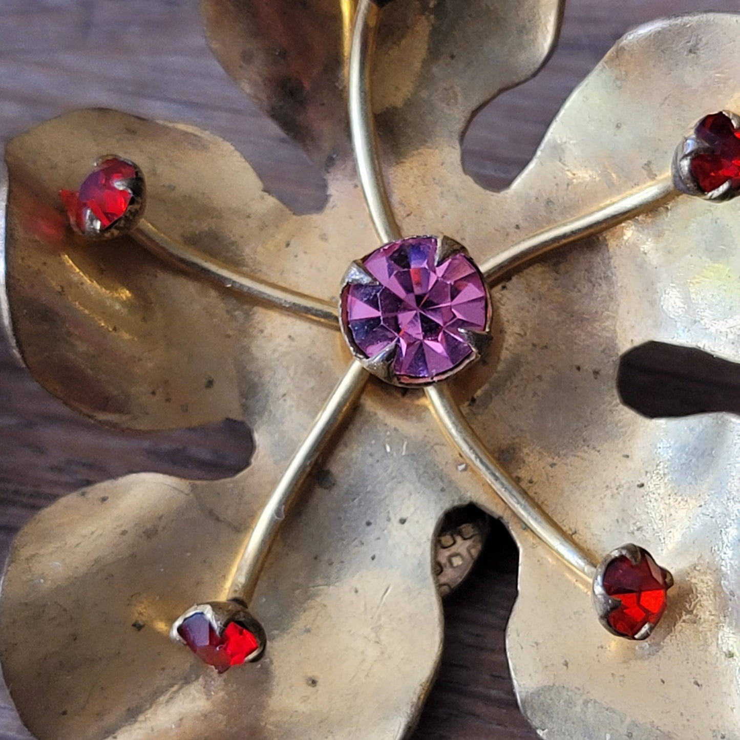 1960s French copper floral clip-on earrings with red & pink crystals