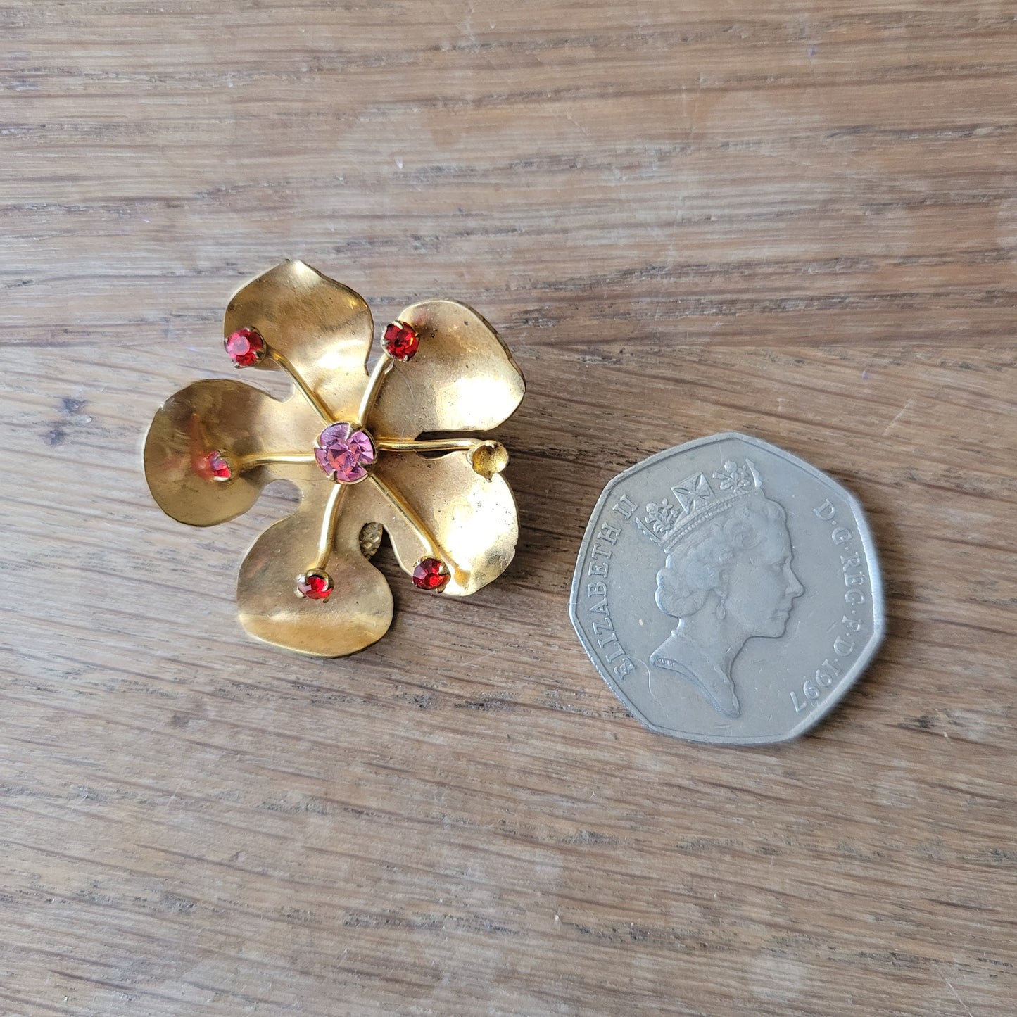 1960s French copper floral clip-on earrings with red & pink crystals