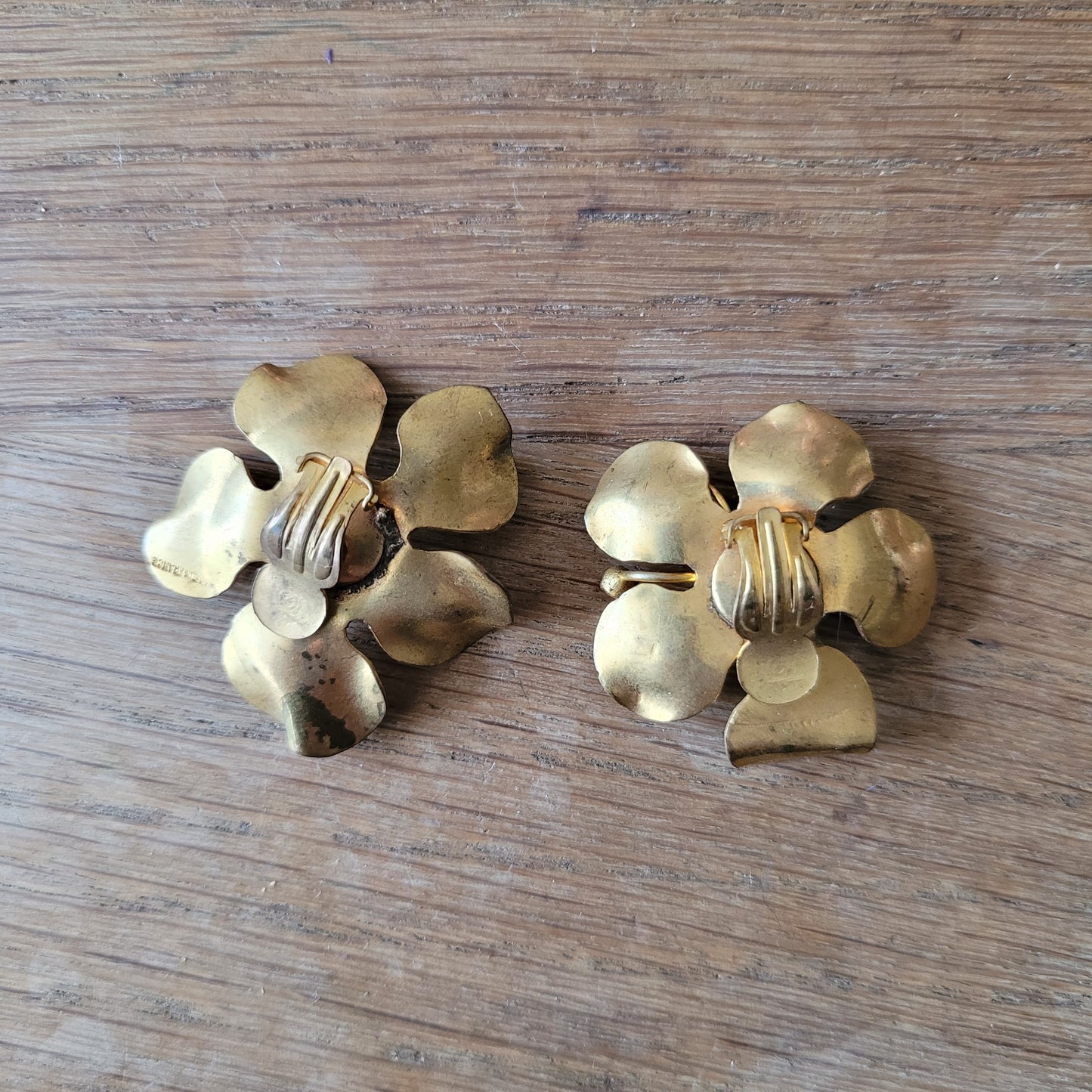 1960s French copper floral clip-on earrings with red & pink crystals