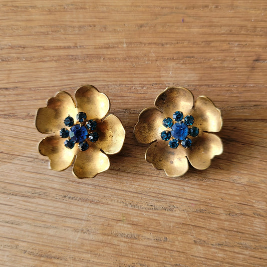 1960s French blue crystal & copper flower clip-on earrings