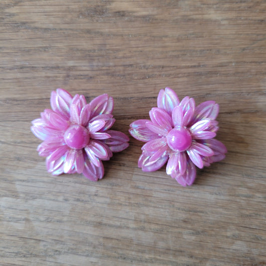 1960s iridescent pink acrylic floral clip-on earrings