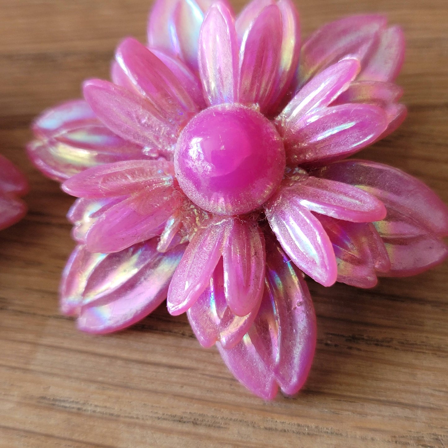 1960s iridescent pink acrylic floral clip-on earrings