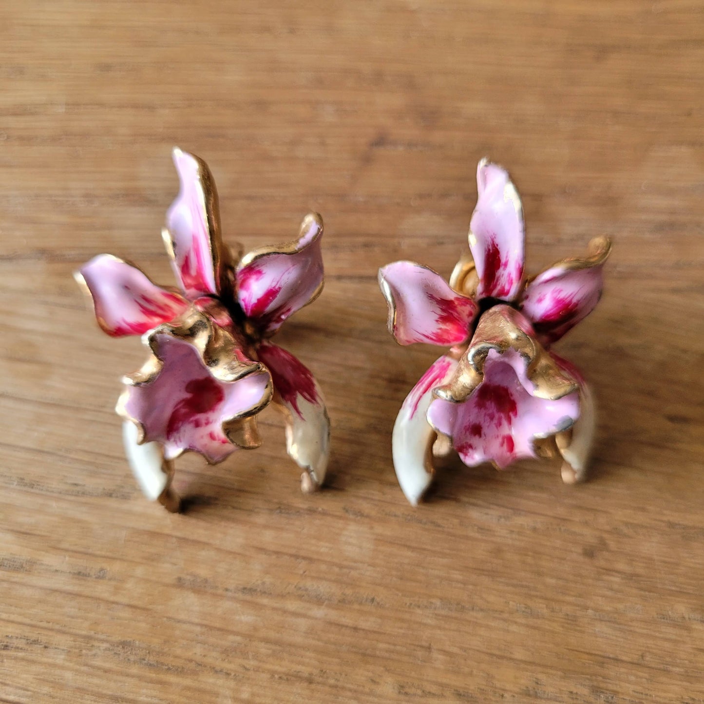 1950s large enamel orchid floral clip-on earrings