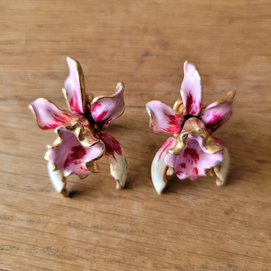 1950s large enamel orchid floral clip-on earrings