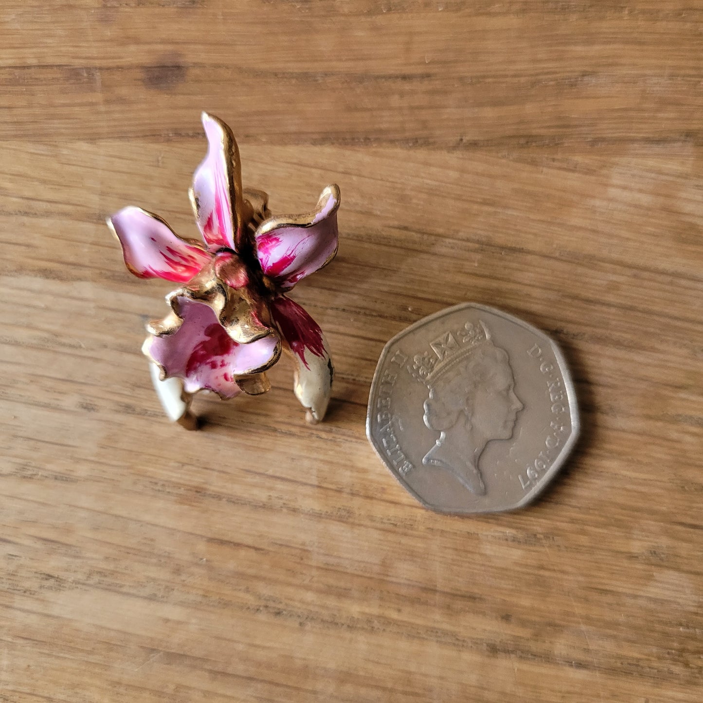1950s large enamel orchid floral clip-on earrings