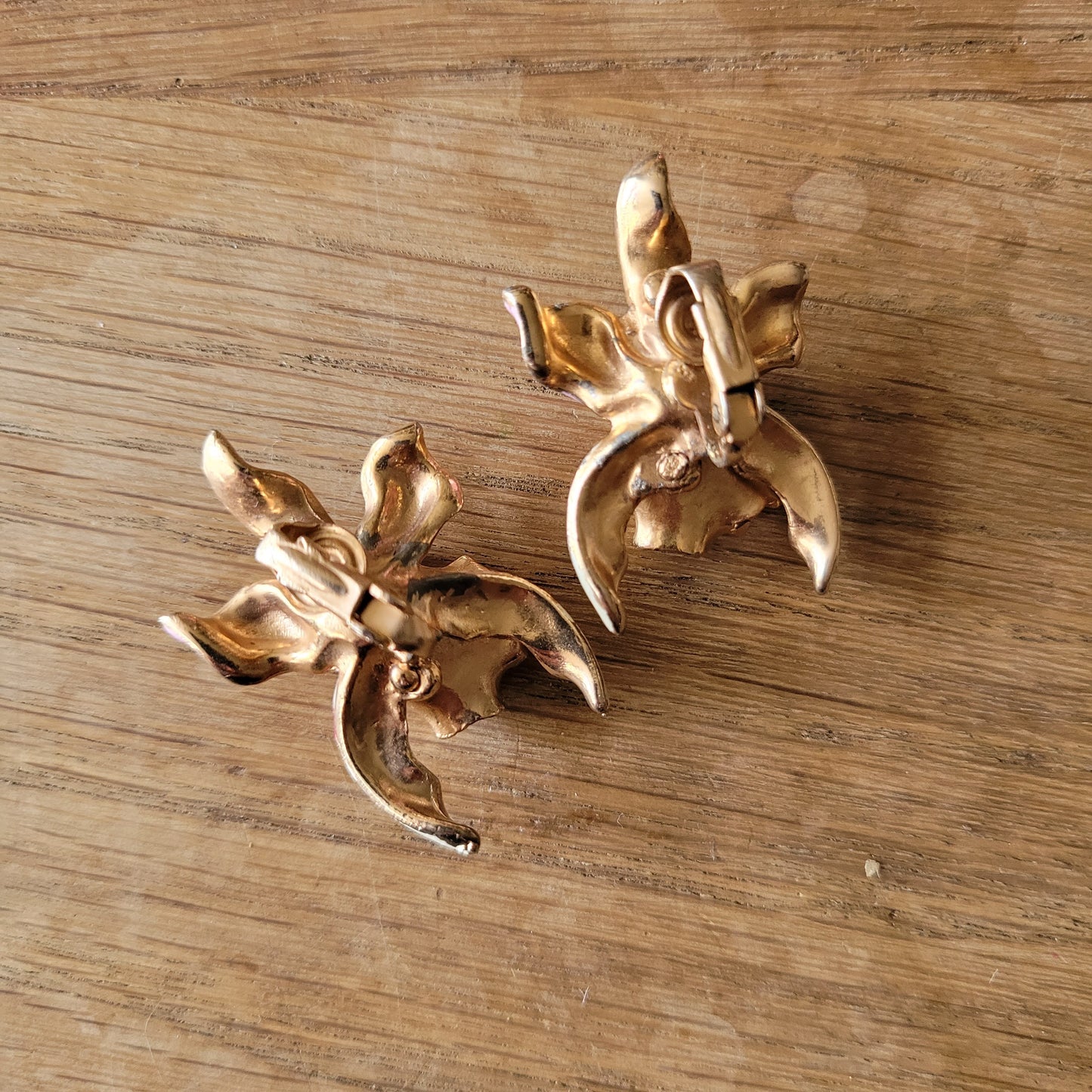 1950s large enamel orchid floral clip-on earrings
