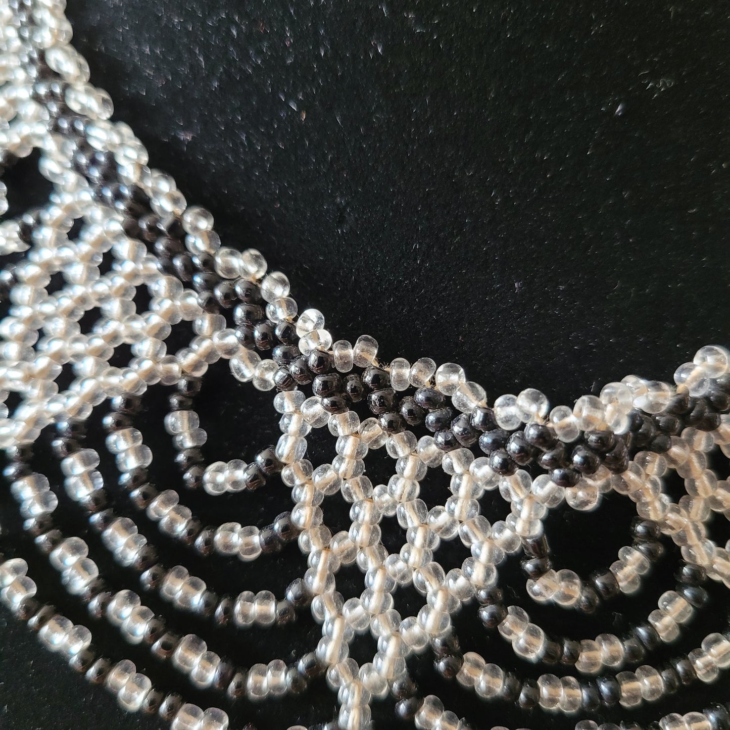 Vintage black & clear glass seed bead lace collar necklace