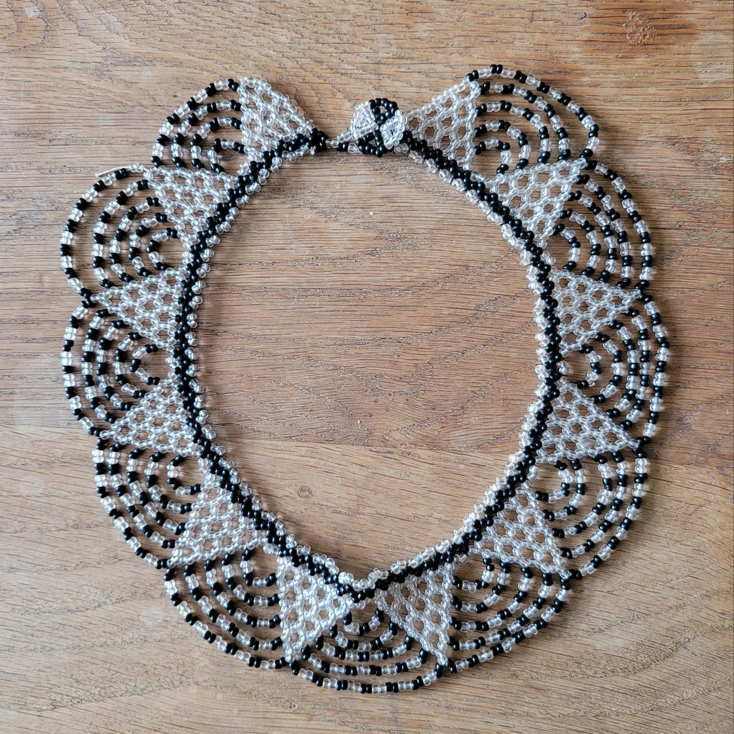 Vintage black & clear glass seed bead lace collar necklace