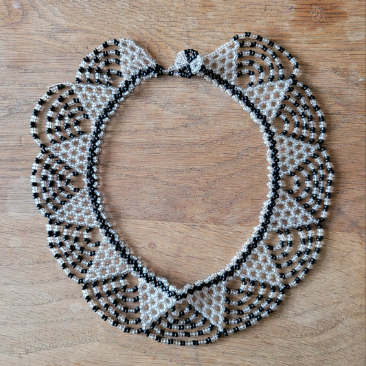 Vintage black & clear glass seed bead lace collar necklace
