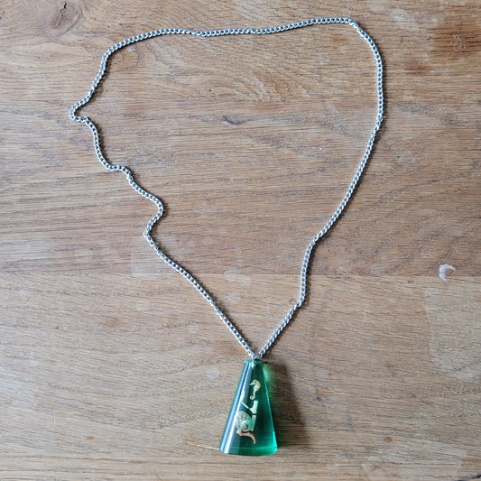 1970s green resin seahorse shell pendant necklace