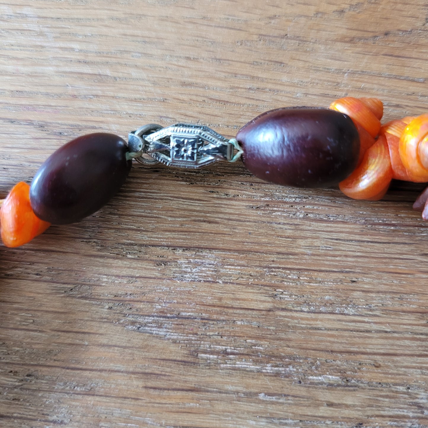 1970s brown & orange shell & seed cluster necklace