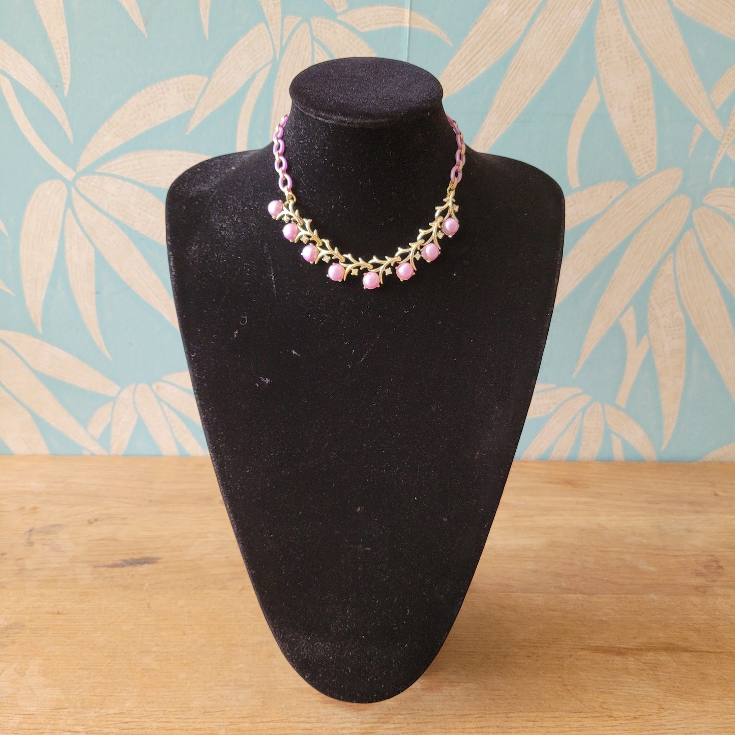 Mid-century gold-tone & purple plastic bead floral necklace
