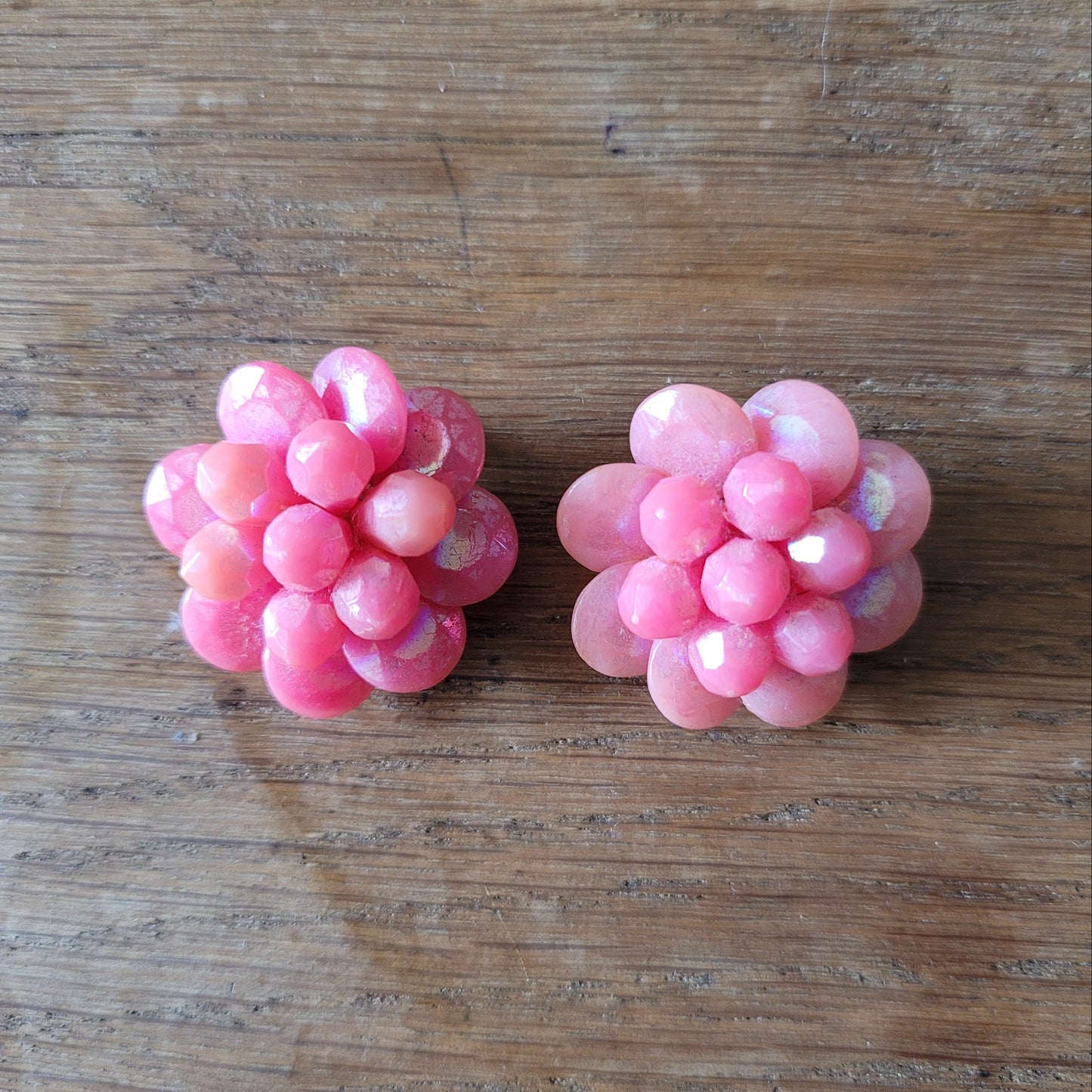 1960s iridescent pink acrylic bead cluster & gold-tone clip-on earrings