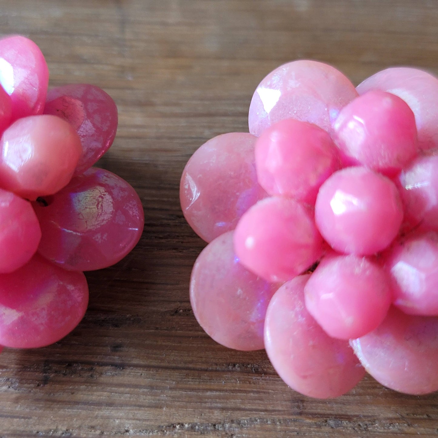 1960s iridescent pink acrylic bead cluster & gold-tone clip-on earrings