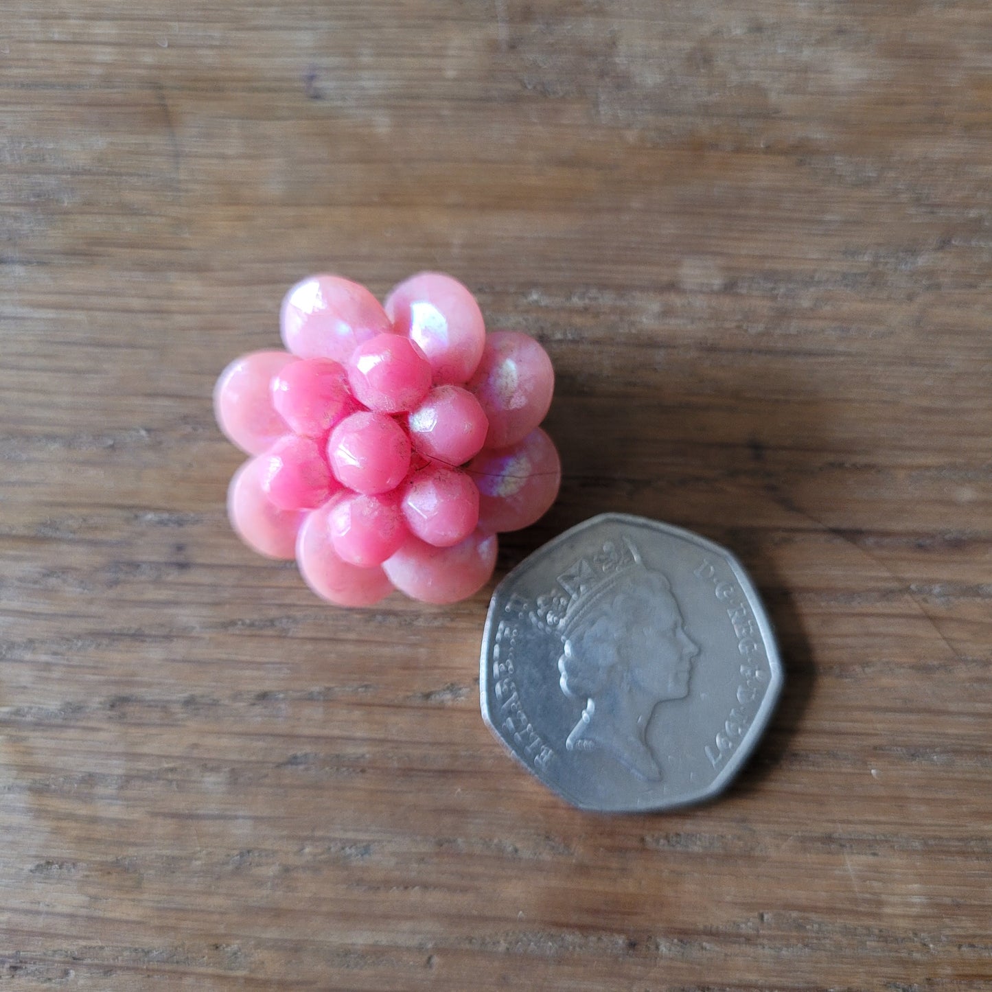 1960s iridescent pink acrylic bead cluster & gold-tone clip-on earrings
