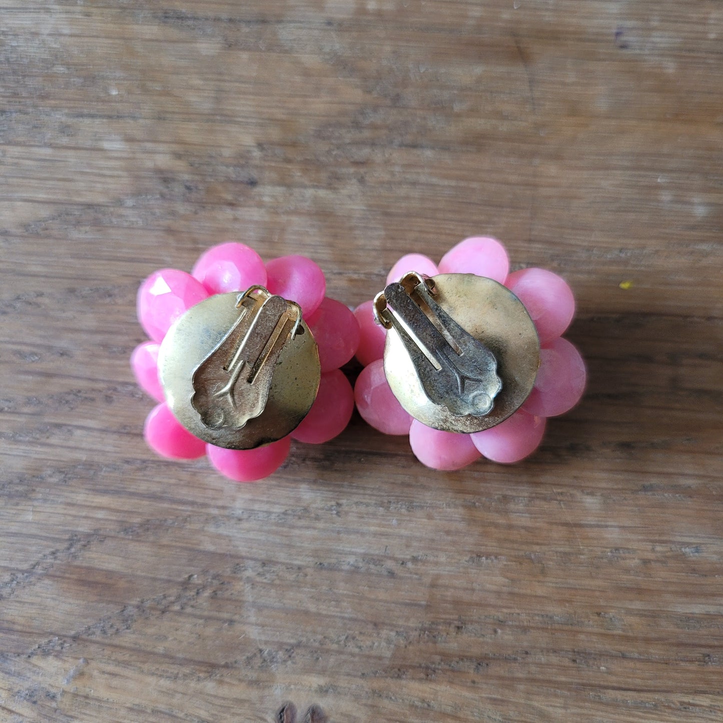 1960s iridescent pink acrylic bead cluster & gold-tone clip-on earrings