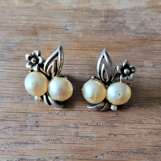 1950s/60s Jewelcraft faux pearl floral clip-on earrings, signed