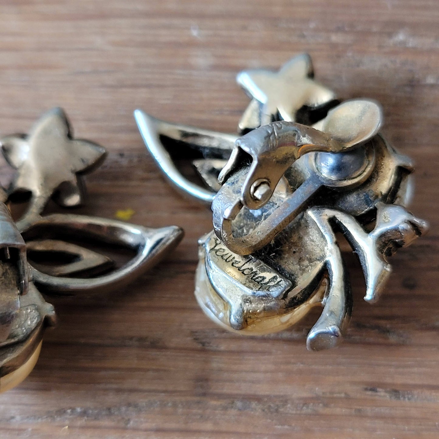 1950s/60s Jewelcraft faux pearl floral clip-on earrings, signed