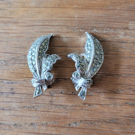 1950s BJL Bohemian Jewellery marcasite leaf silver-tone clip-on earrings