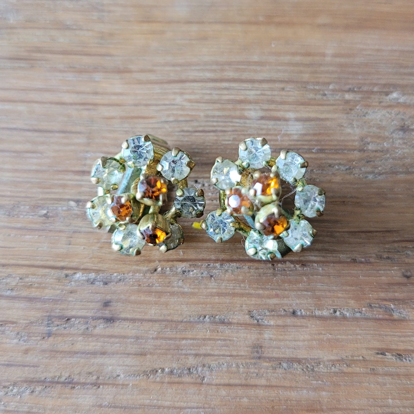 1950s/60s rhinestone amber & clear crystal floral clip-on earrings