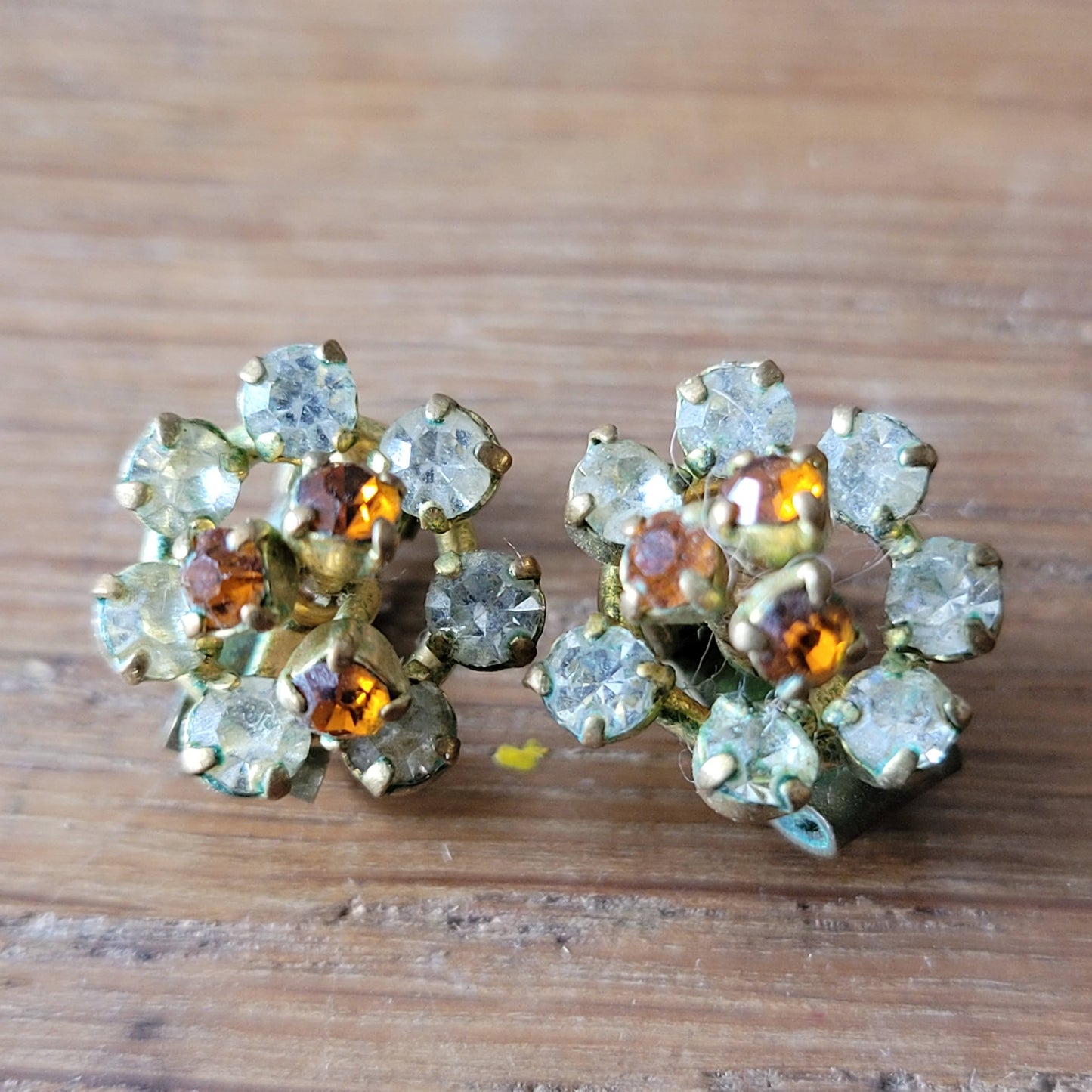 1950s/60s rhinestone amber & clear crystal floral clip-on earrings