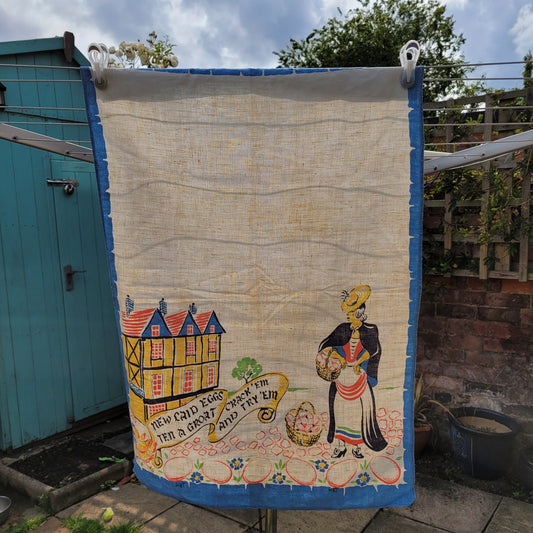 circa. 1930s Irish linen 'New laid eggs.." illustrated tea towel, signed KET