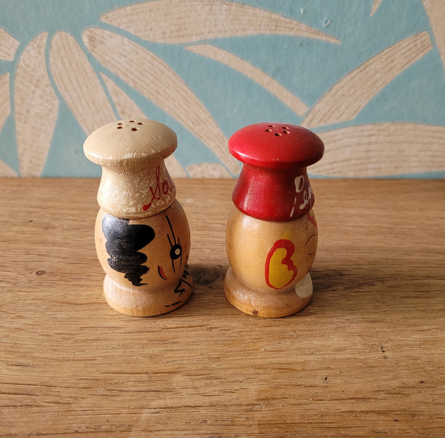 1950s hand-painted wooden Chef salt & pepper shaker set, made in Japan