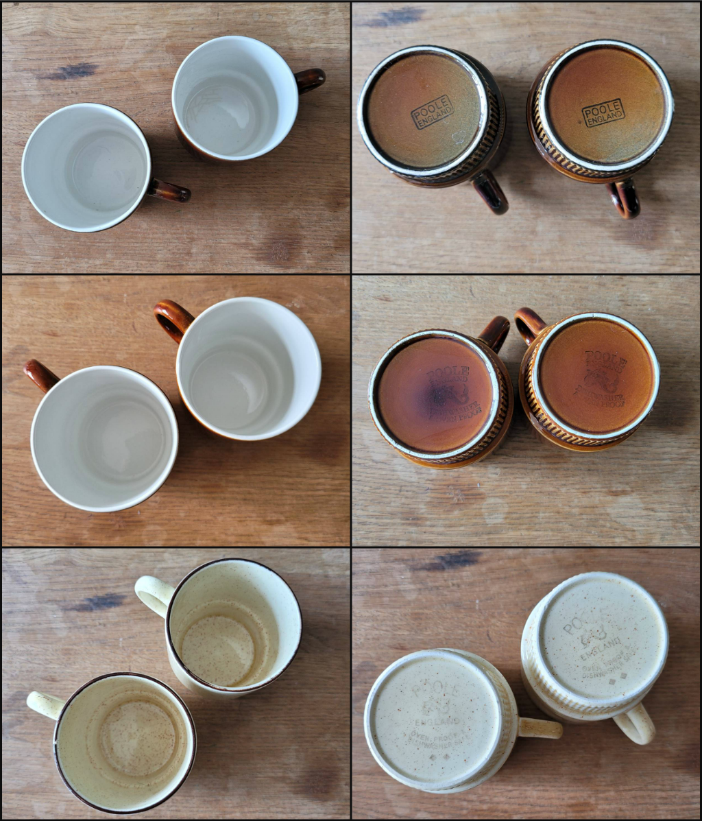 Assorted 1960s Poole Pottery 'Compact' coffeeware in three colourways