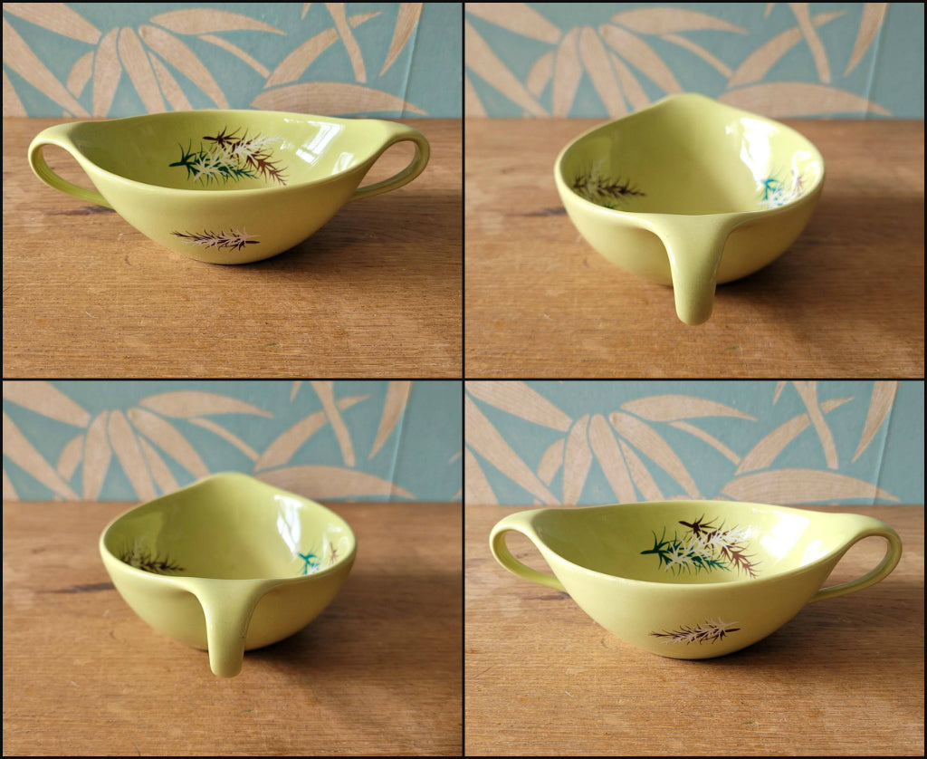 Set of four 1950s James Kent Ltd Oregon Pine twin-handled soup bowls in four colourways