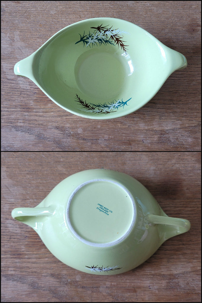Set of four 1950s James Kent Ltd Oregon Pine twin-handled soup bowls in four colourways