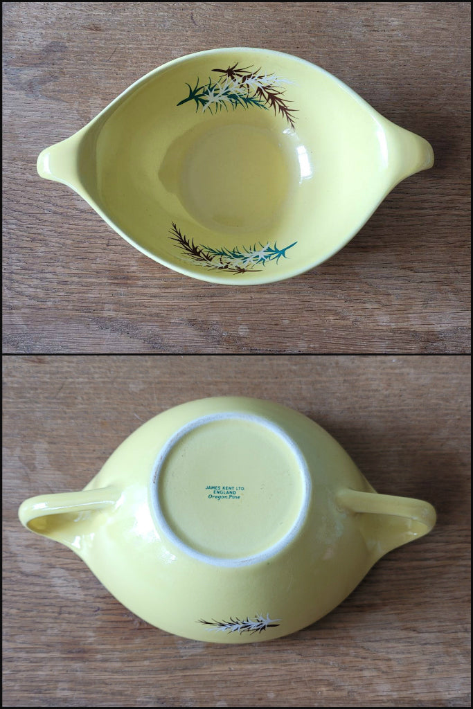 Set of four 1950s James Kent Ltd Oregon Pine twin-handled soup bowls in four colourways