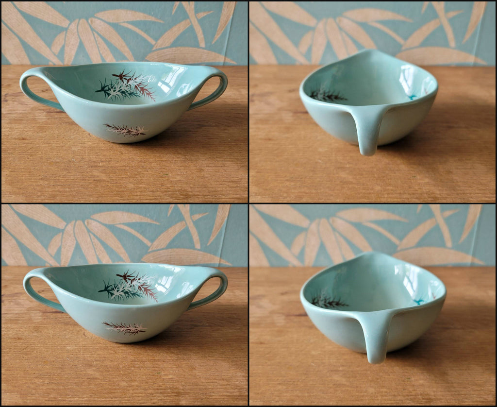 Set of four 1950s James Kent Ltd Oregon Pine twin-handled soup bowls in four colourways