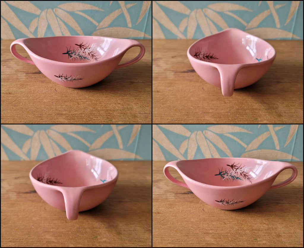 Set of four 1950s James Kent Ltd Oregon Pine twin-handled soup bowls in four colourways