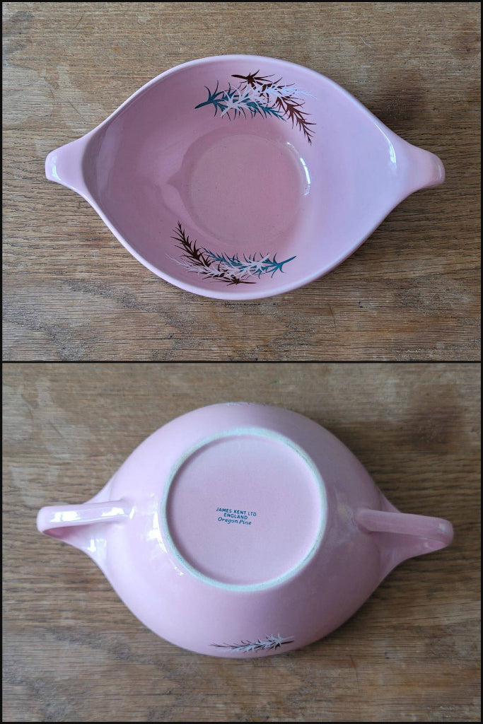 Set of four 1950s James Kent Ltd Oregon Pine twin-handled soup bowls in four colourways
