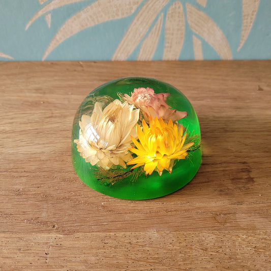 1970s flower filled acrylic paperweight