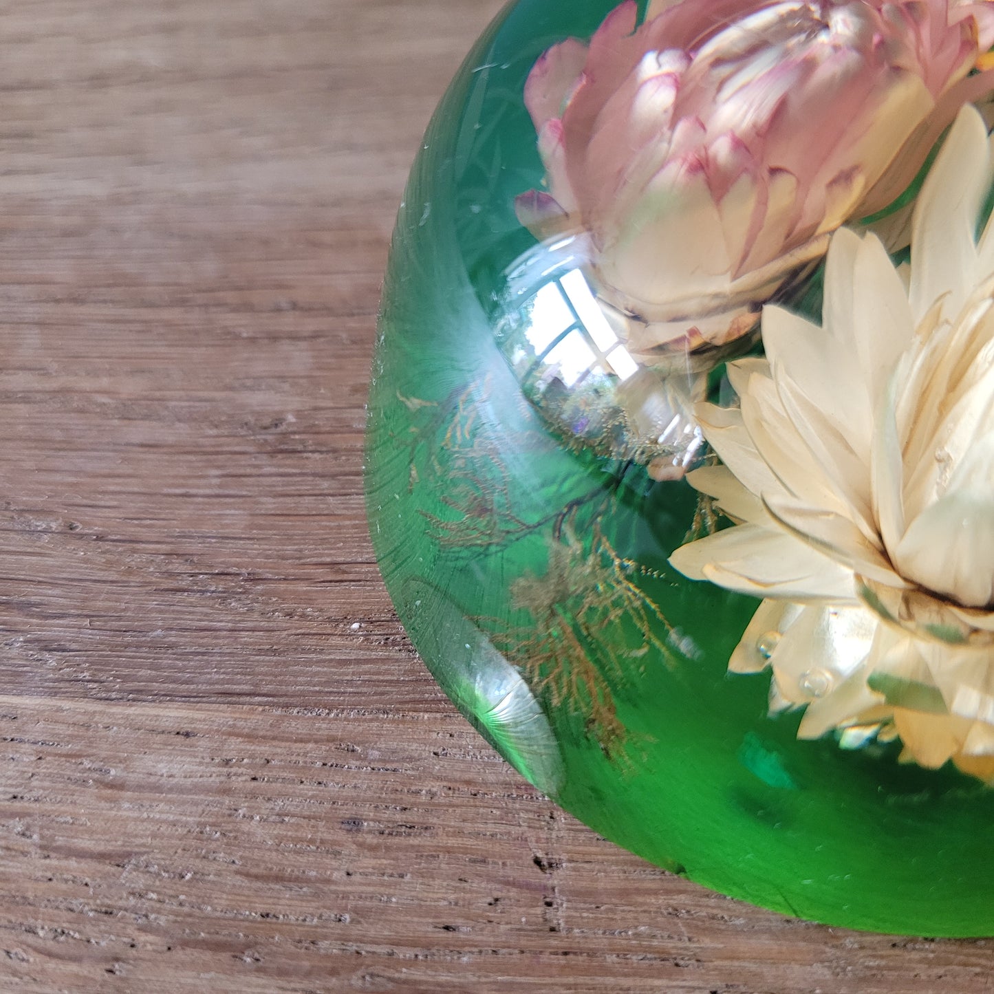 1970s flower filled acrylic paperweight
