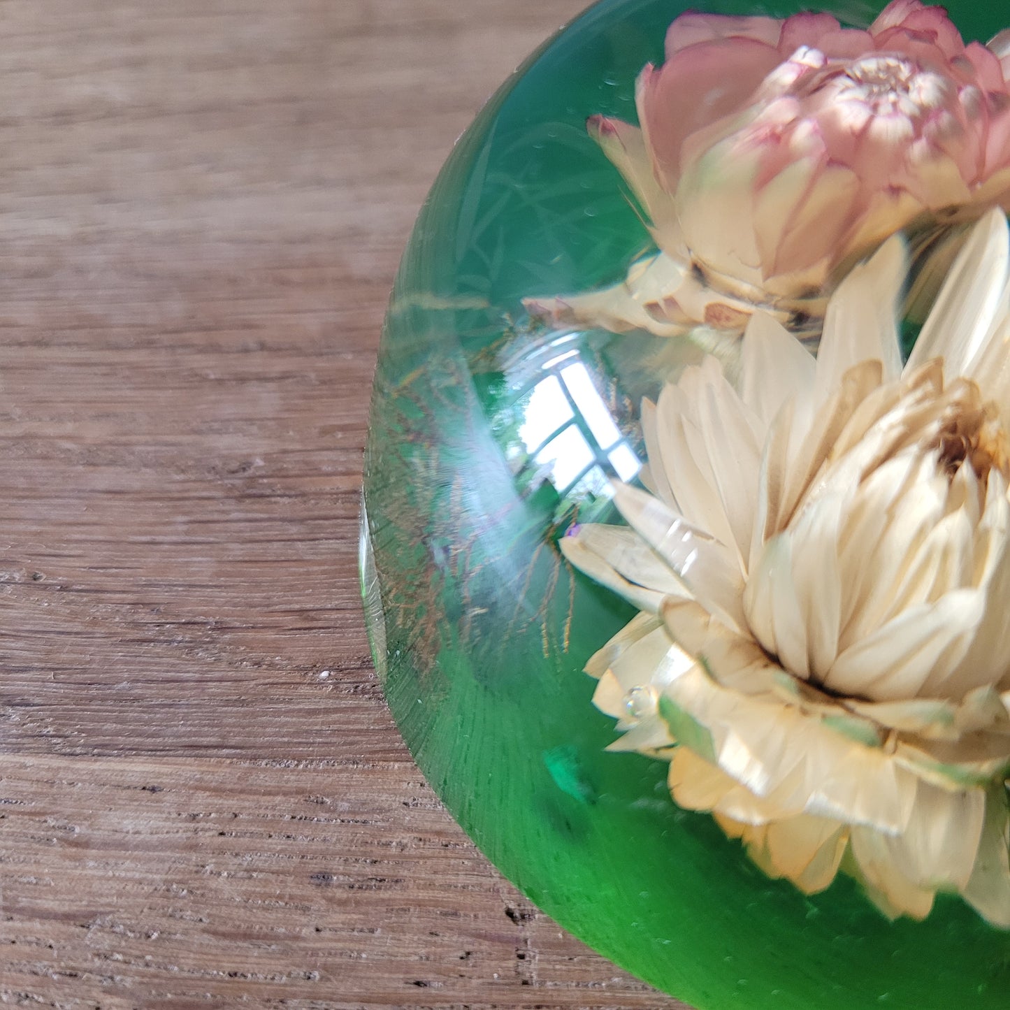 1970s flower filled acrylic paperweight